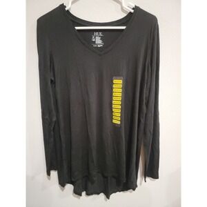 HUE Women's Long Sleeve Black V-Neck Top Size M Stretch Legging Tee Shirt NWT